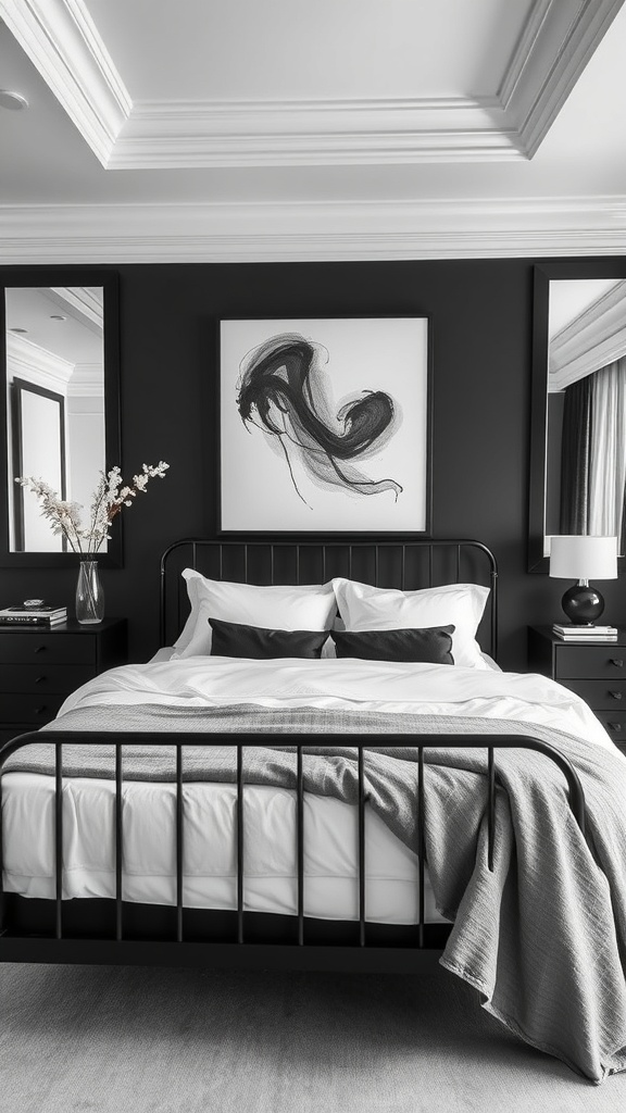 A stylish bedroom featuring a black bed frame, white bedding, and abstract art on black walls.