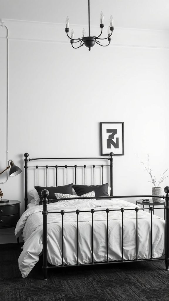 A stylish bedroom featuring a black iron bed frame, white bedding, and monochrome decor.
