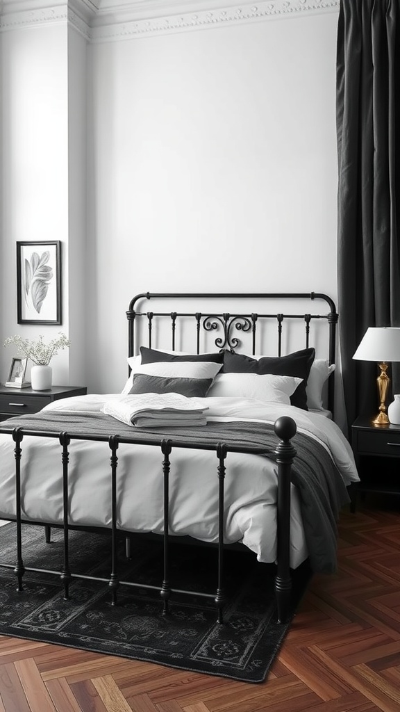 A stylish bedroom featuring a black metal bed frame, layered bedding in gray and white, and a dark nightstand with a plant.