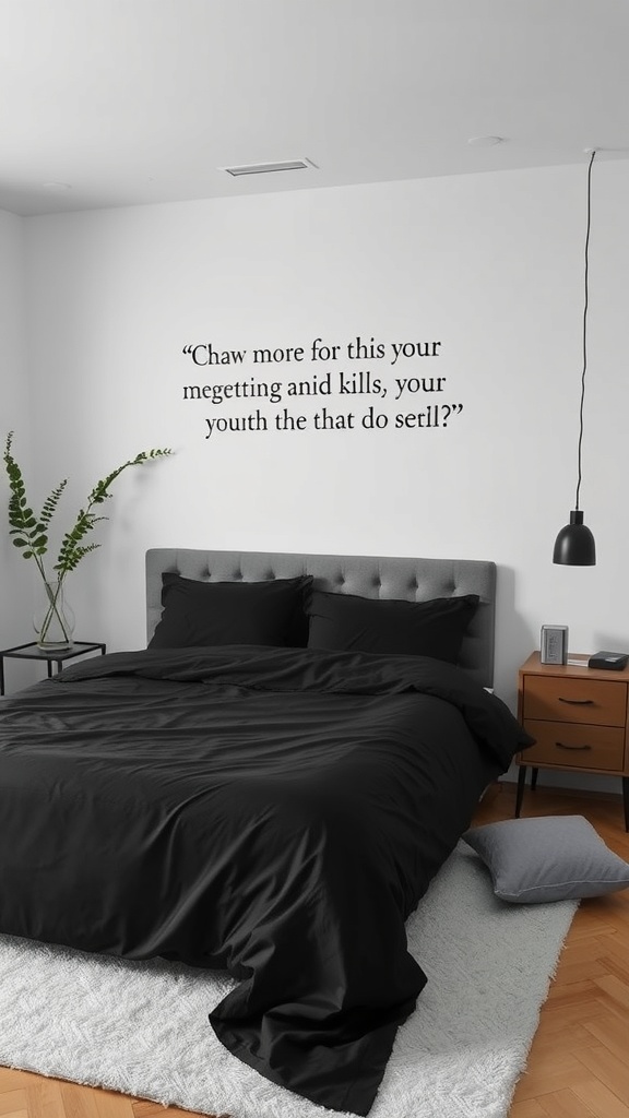 A modern bedroom featuring black sheets on a bed, a light gray headboard, a quote on the wall, and a plant in the corner.