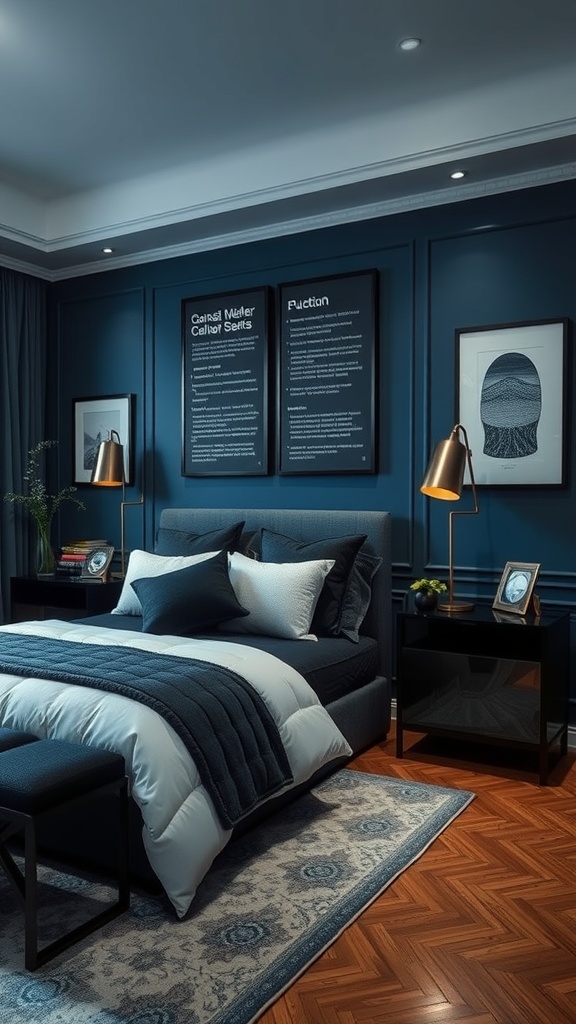 A sophisticated blue and black bedroom featuring deep blue walls, a stylish bed with layered bedding, and modern black accents.