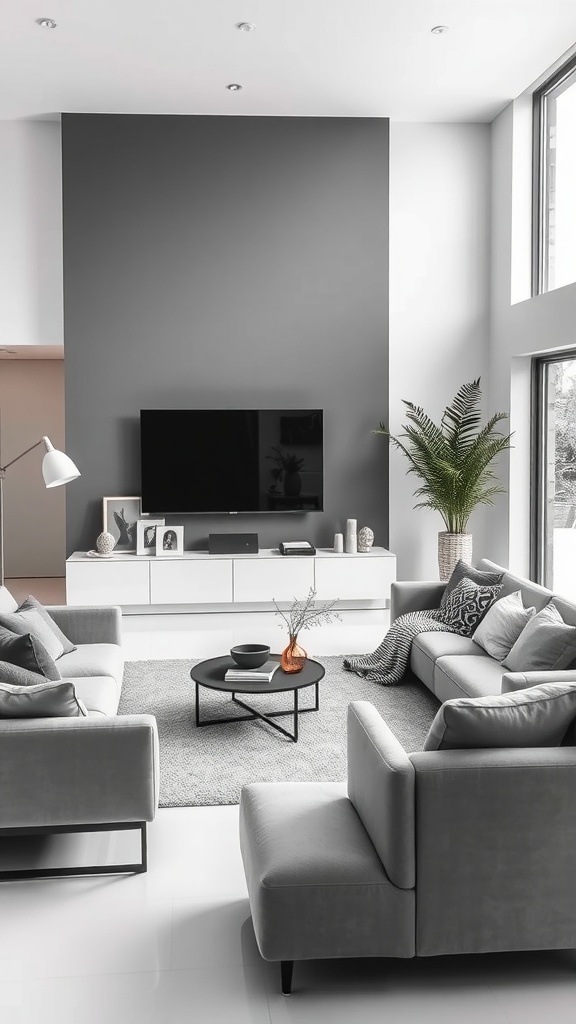 A sophisticated living room with gray sofas, a black coffee table, and a dark gray accent wall.