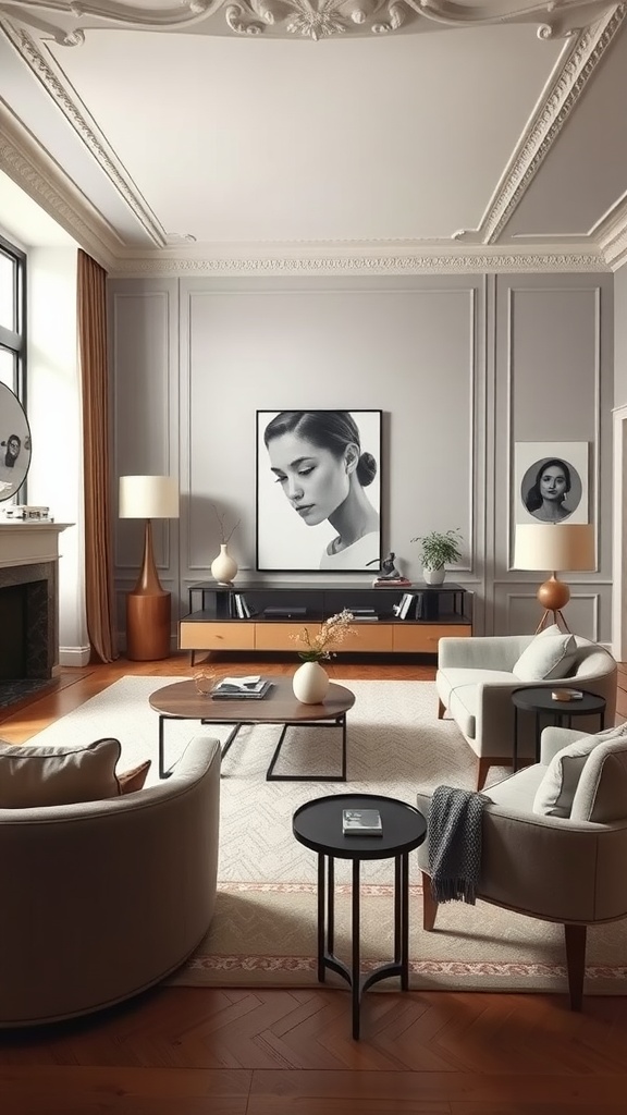 A sophisticated living room with neutral tones, featuring comfortable seating and elegant decor.