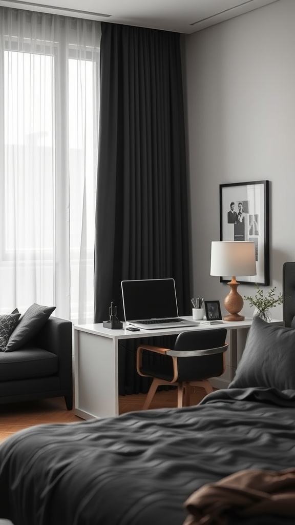 A stylish office space featuring black curtains, a white desk, and a cozy couch.