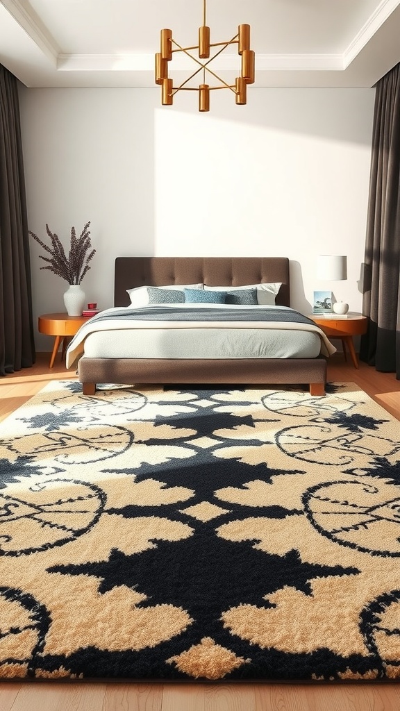 Sophisticated beige and black bedroom with a patterned rug