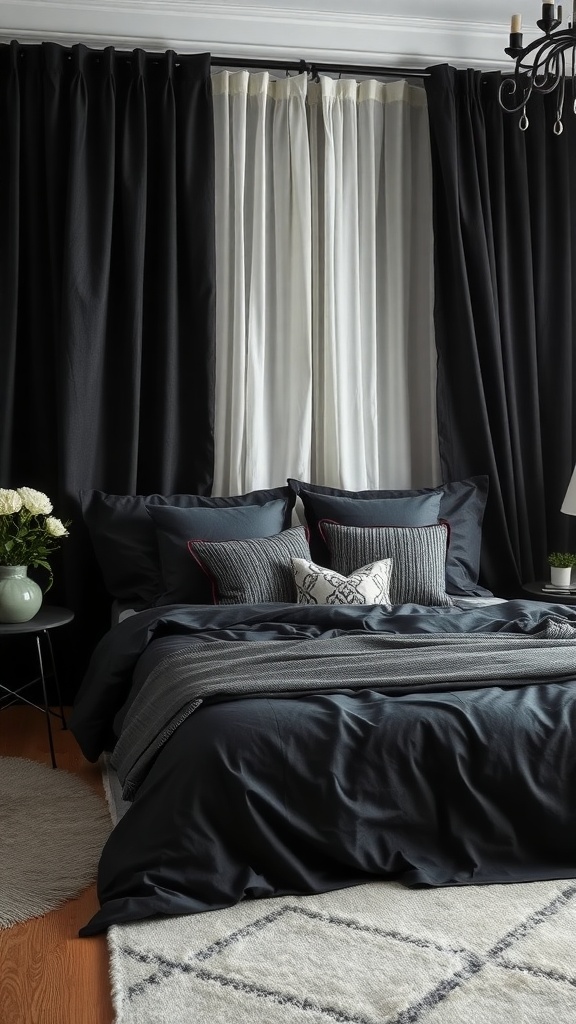 A stylish black bedroom set featuring layered bedding, contrasting curtains, and decorative pillows.