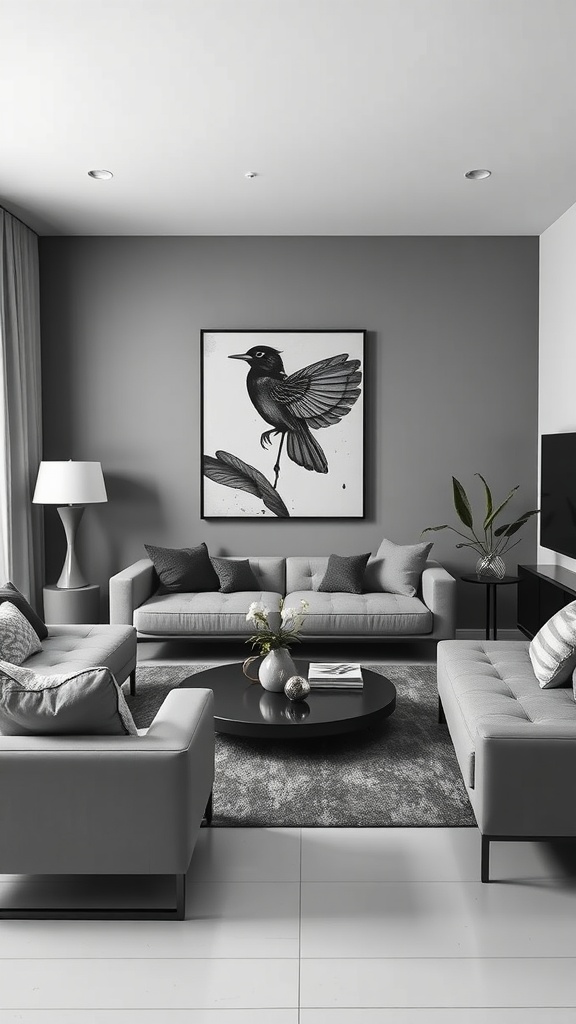 A stylish urban living room with gray sofas, a round coffee table, and a large bird artwork on the wall.