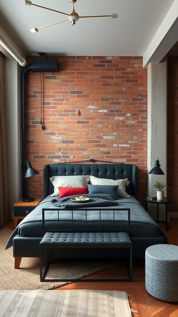 A stylish urban loft bedroom featuring a black bed frame, exposed brick wall, and modern decor.