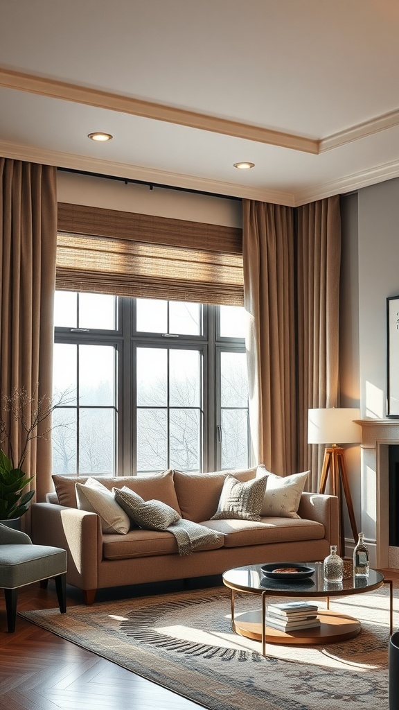 A clean living room with bamboo shades and elegant drapes framing large windows, featuring a cozy couch and modern decor.