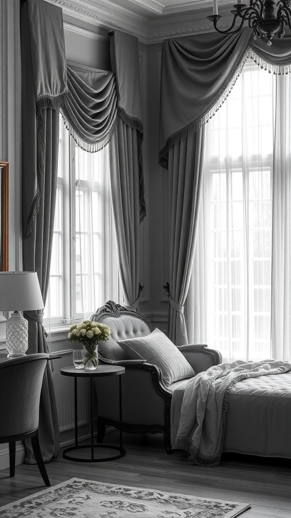 Sophisticated gray and black bedroom with elegant window treatments