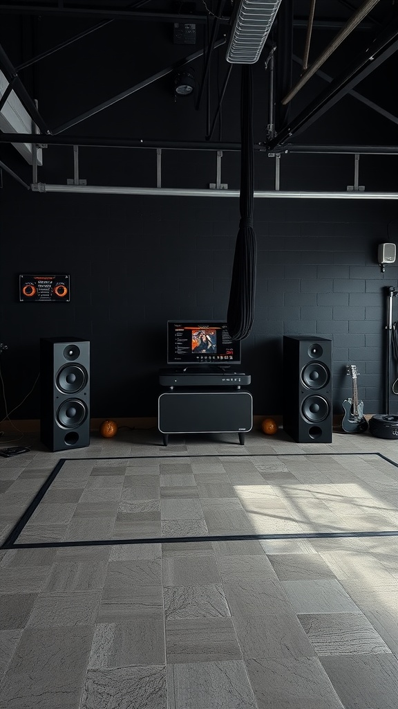 A black garage gym with a sound system setup, featuring speakers and a central music unit.