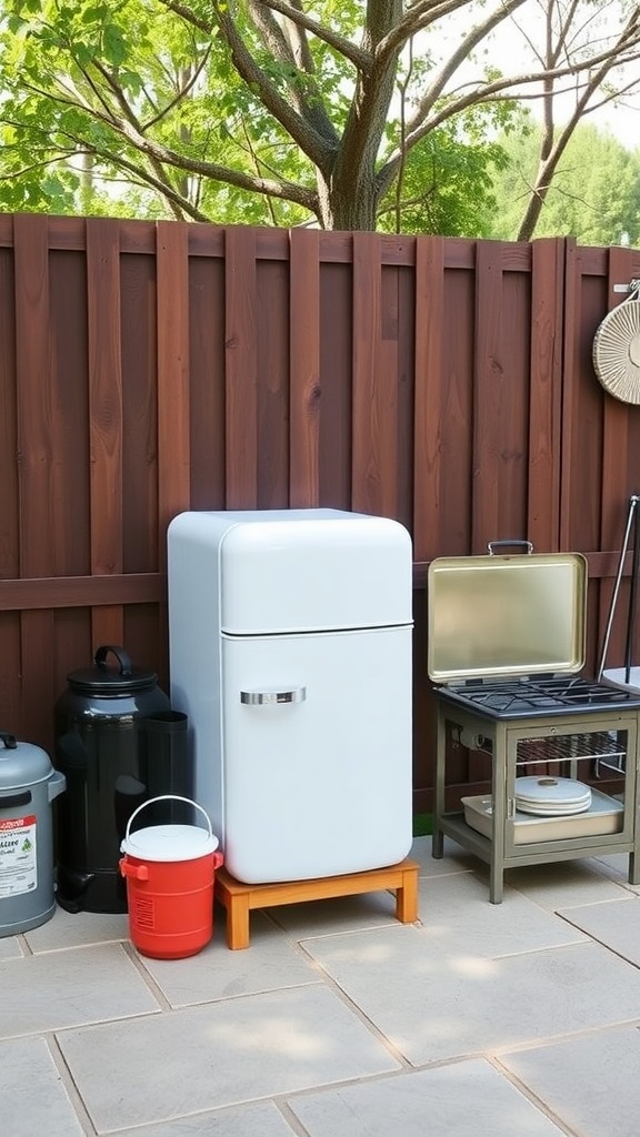 An outdoor kitchen setup featuring a white refrigerator, a portable stove, and various storage containers against a wooden fence.