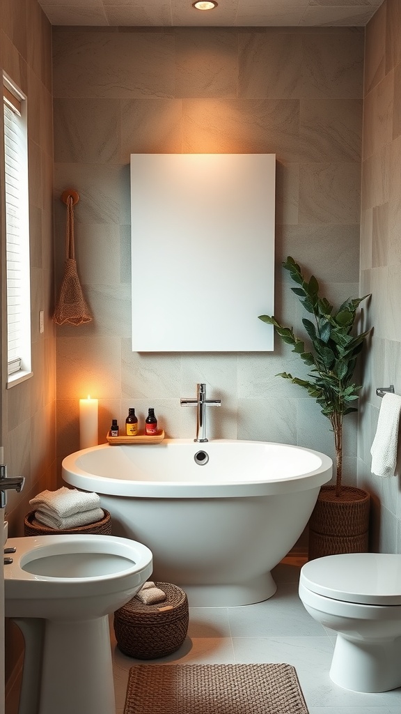 A clean bathroom with a round bathtub, soft towels, candles, a plant, and a neutral color palette, designed for a spa-like aesthetic.