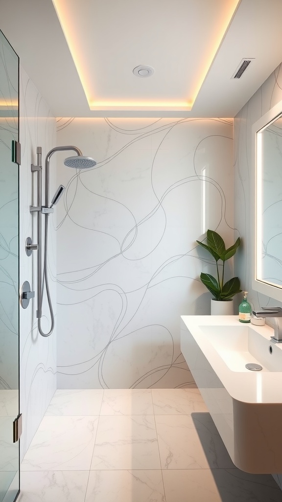 A modern hotel bathroom featuring a glass shower, minimalist vanity, and a potted plant.