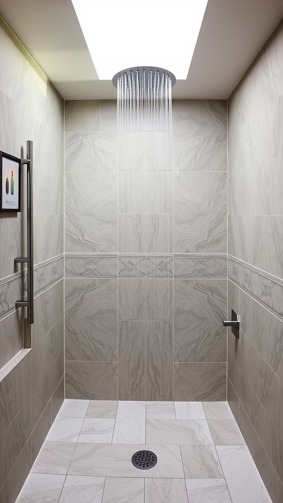 Modern luxurious bathroom featuring a spacious rain shower with marble tiles