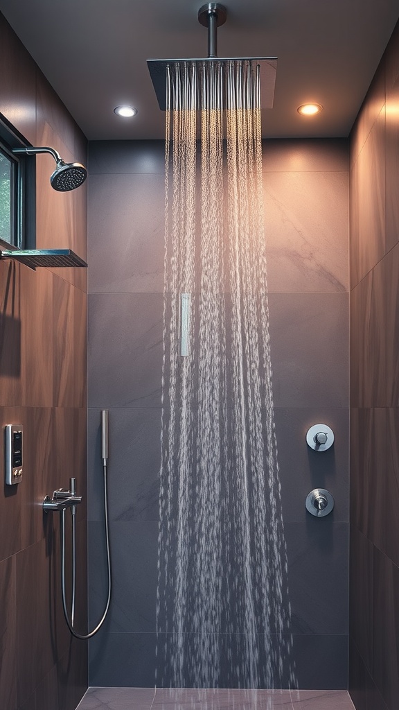 A luxurious shower with a modern rain shower head and warm lighting.