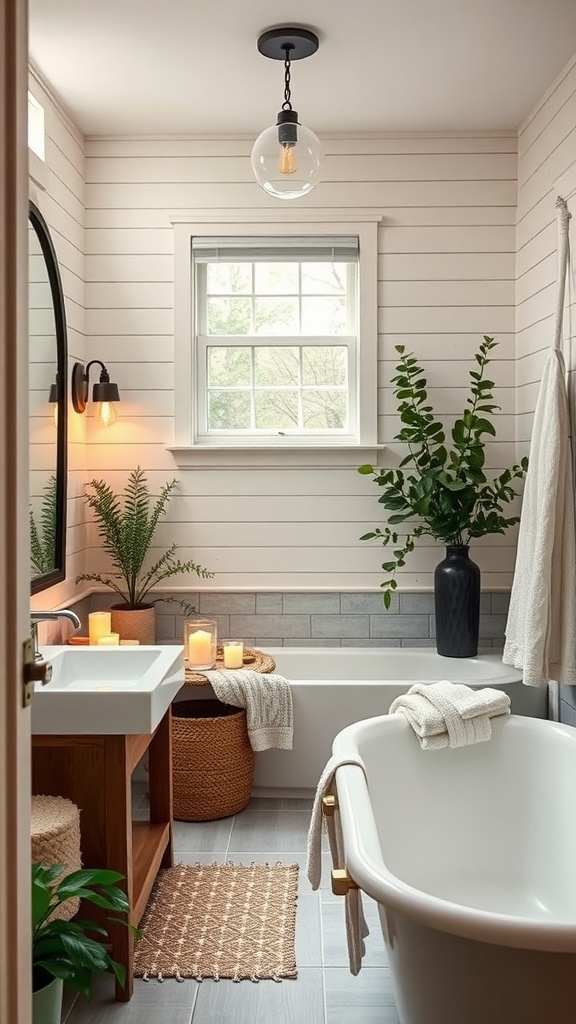Modern farmhouse bathroom with a freestanding tub, plants, candles, and warm lighting.