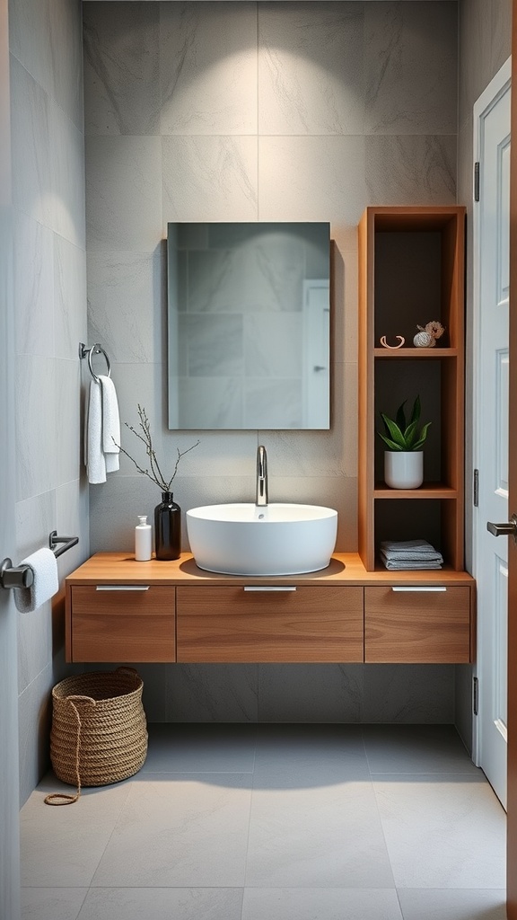Modern small bathroom with a floating vanity, round sink, and wooden shelves.