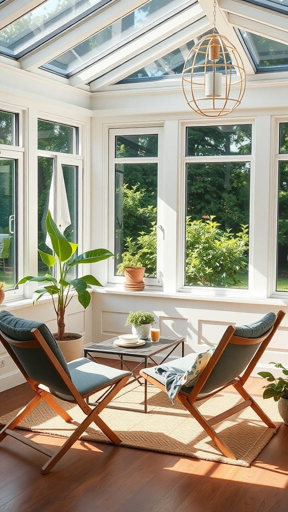 A sunroom with foldable furniture, including two chairs and a small table, surrounded by greenery.