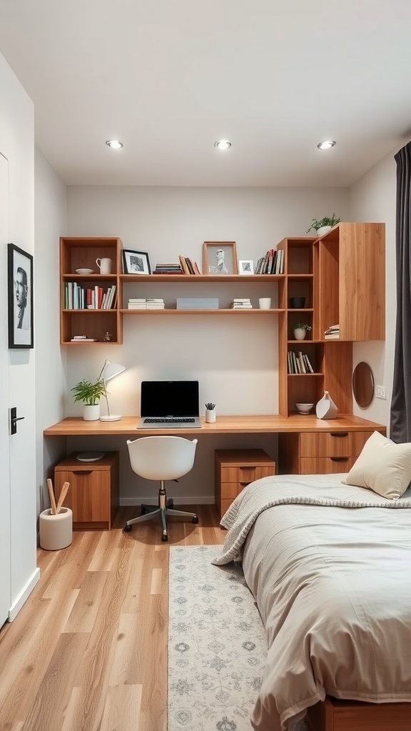 A cozy bedroom setup featuring a workspace and bed, with wooden shelves and modern decor.