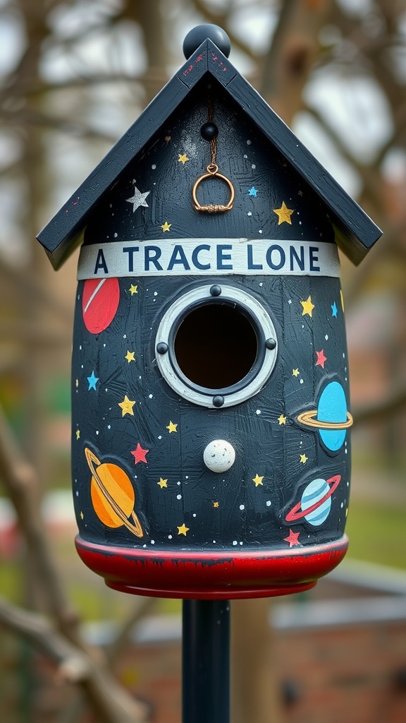 A space-themed birdhouse decorated with planets and stars.