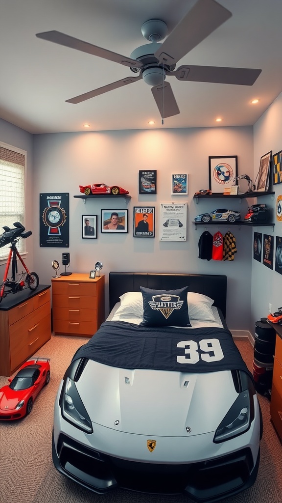 A teen bedroom designed for a sports car enthusiast, featuring a car-shaped bed, racing memorabilia on the walls, and model cars on shelves.
