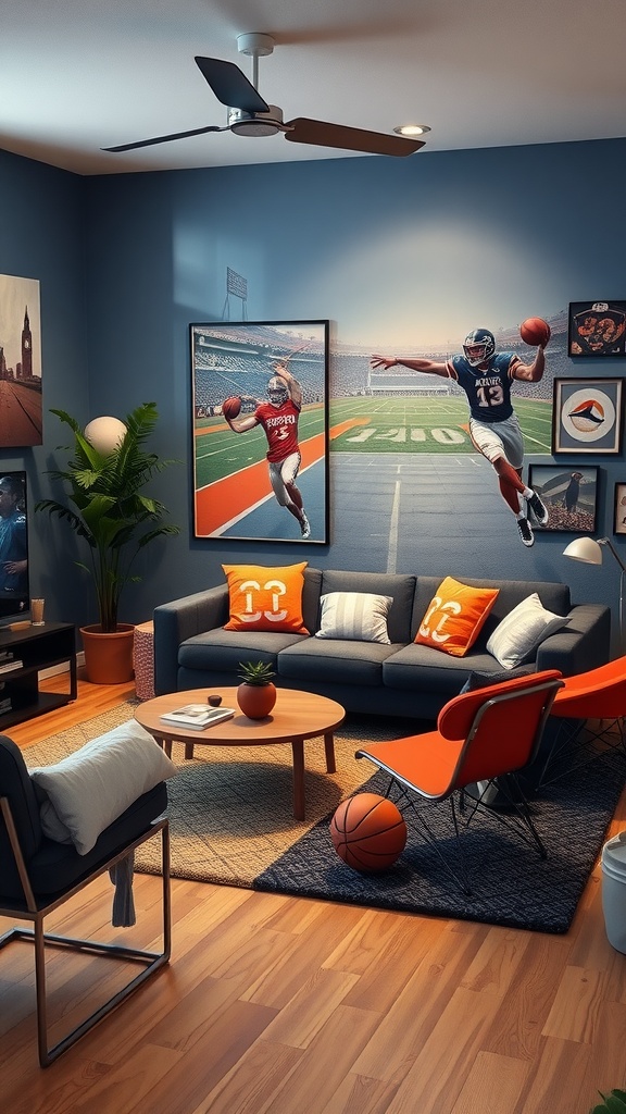 A sporty living room featuring dynamic wall art of athletes, a gray sofa with orange pillows, modern furniture, and a basketball.