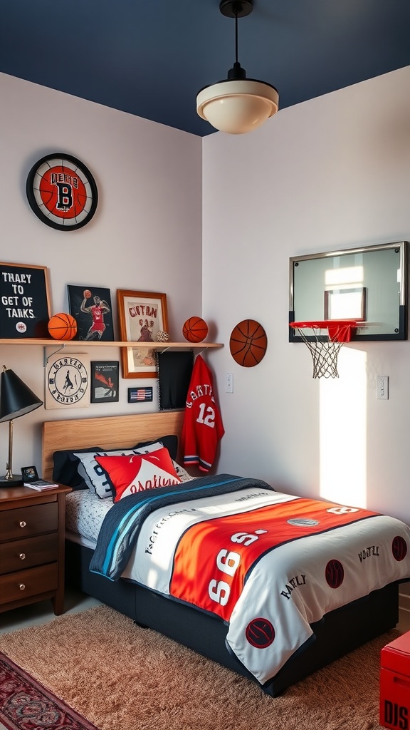 A sporty teen bedroom featuring basketball-themed decor, a cozy bed with a colorful comforter, and a mini basketball hoop on the wall.