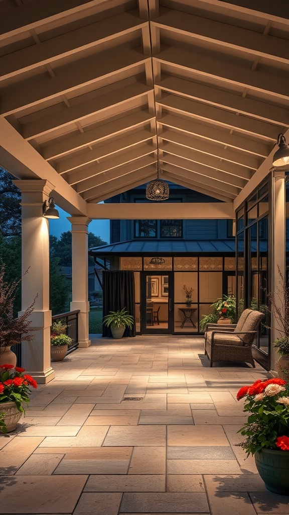 A covered patio with spotlights highlighting architectural features and potted plants.