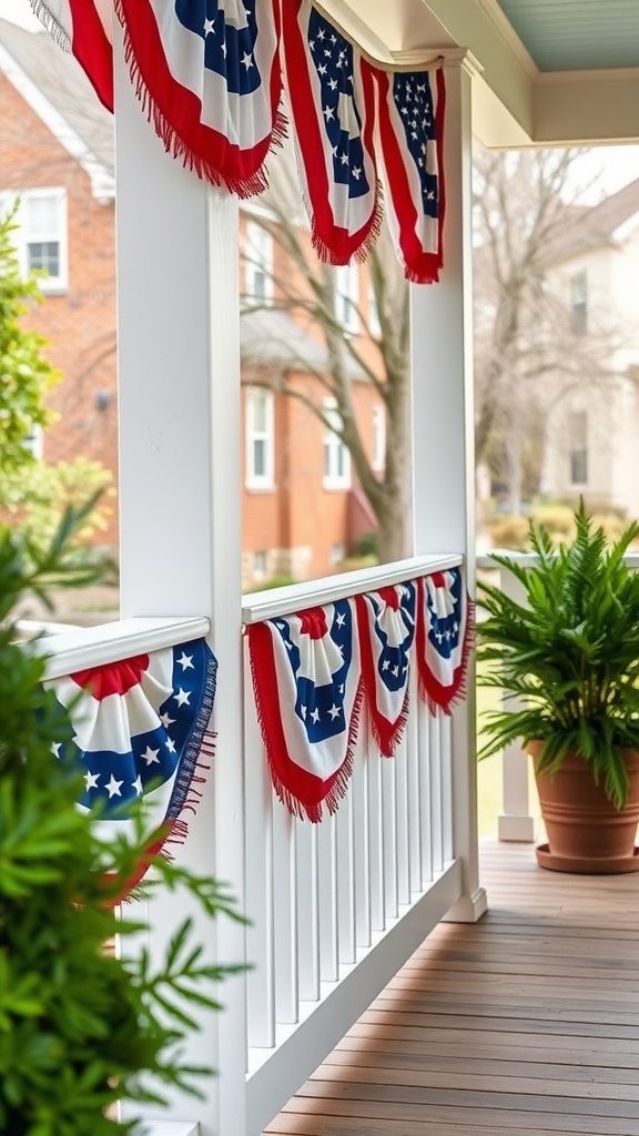 A porch decorated with red, white, and blue star-spangled bunting