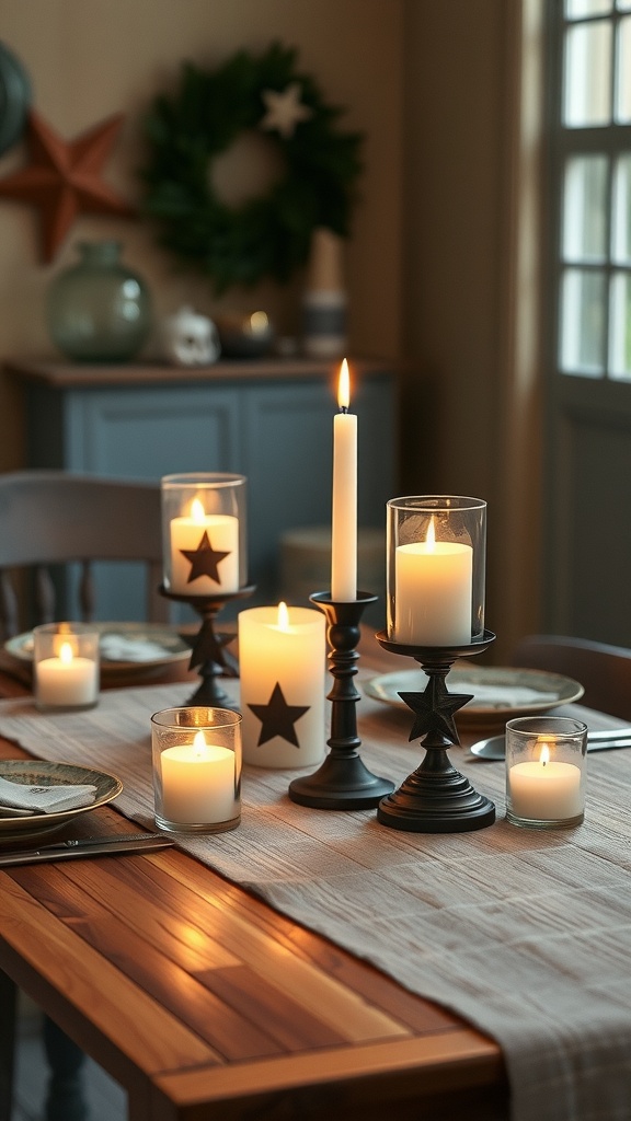 A cozy farmhouse table setting featuring star motif candle holders with lit candles, creating a warm atmosphere.