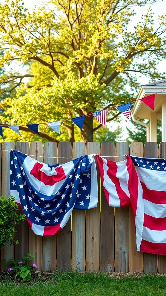 Fourth of July stars and stripes banners hanging on a wooden fence