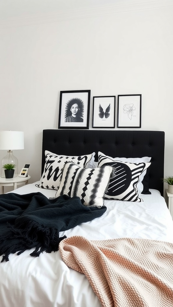 A stylish black, white, and grey bedroom featuring a bed with patterned pillows, throws, and framed artwork.