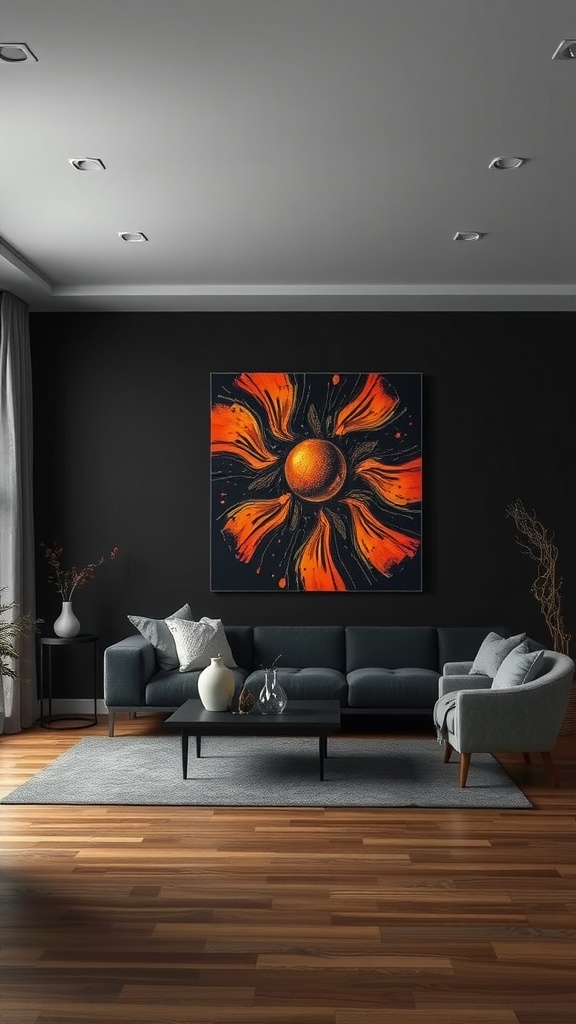 A dark living room featuring a vibrant flower artwork on the wall, a cozy sofa, and a modern coffee table.