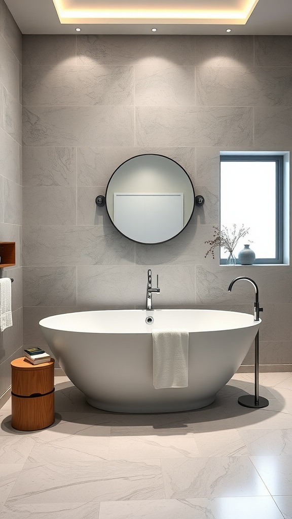 A modern bathroom featuring a freestanding bathtub, sleek sink, and minimalistic design.