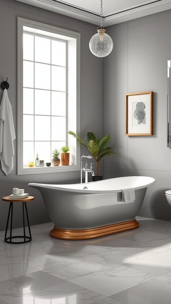 A modern luxury bathroom featuring a stylish freestanding bathtub with a gray finish and wooden base.