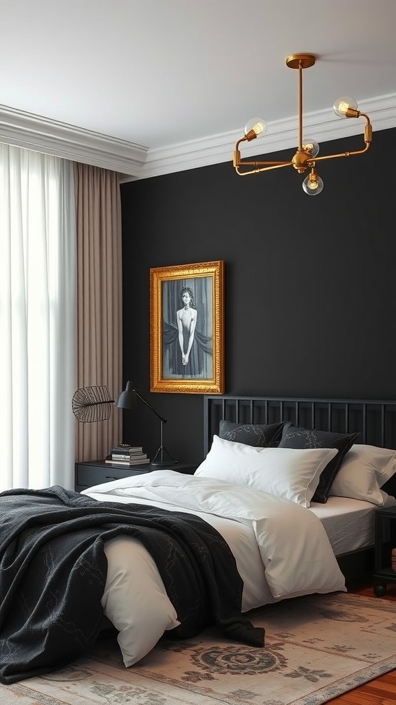 A stylish bedroom featuring a black accent wall, white bedding, and gold accents.