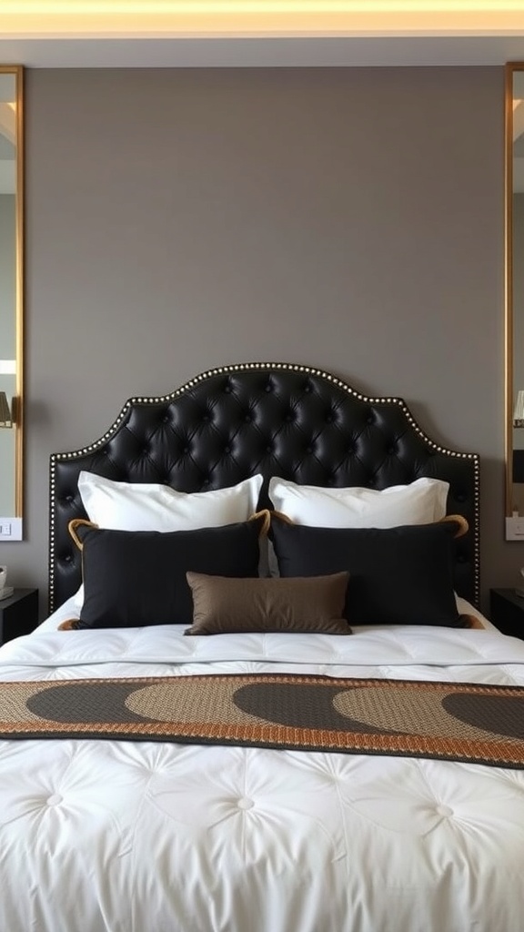 A stylish black tufted headboard with gold accents in a modern bedroom setting.
