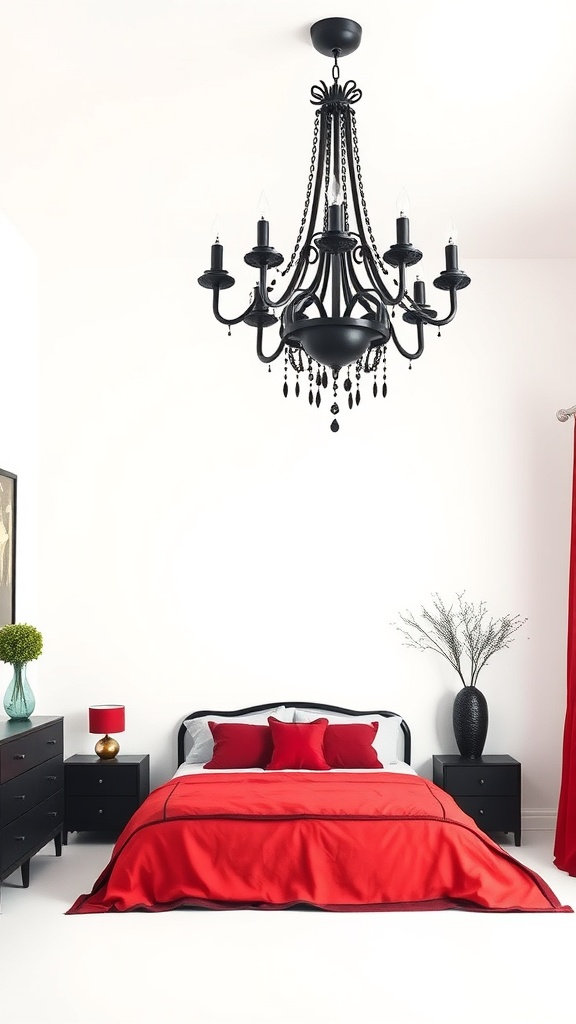 A stylish black chandelier hanging above a red and black themed bedroom.