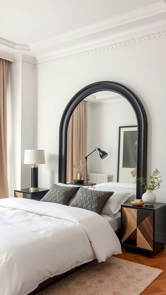 A stylish bedroom featuring a large black mirror above the bed, complemented by black nightstands and elegant decor.