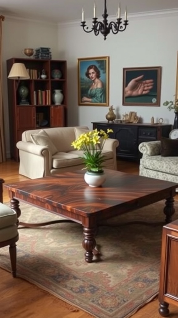 A classic 70s living room featuring a statement coffee table, plush seating, and artistic decor.