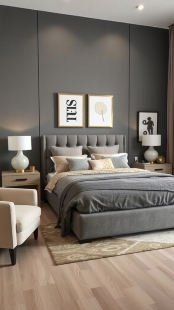 A stylish grey and beige bedroom featuring a tufted grey bed, beige nightstands, and a cozy armchair.