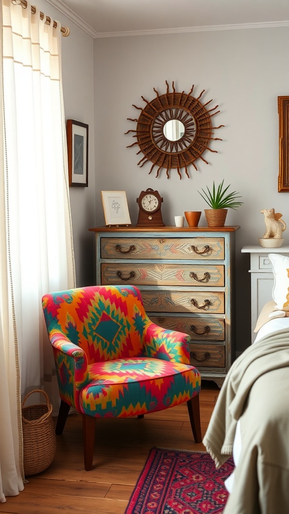 A colorful boho-style chair next to a vintage dresser in a cozy bedroom setting.
