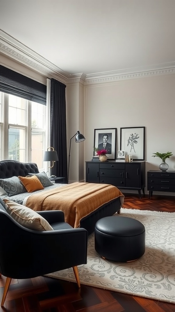 Stylish black and brown bedroom featuring a black bed frame, armchair, and decorative elements.