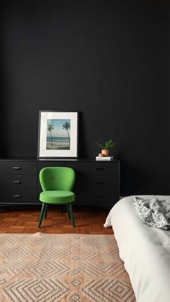A black and green bedroom featuring a bright green chair, dark walls, and a beige rug.