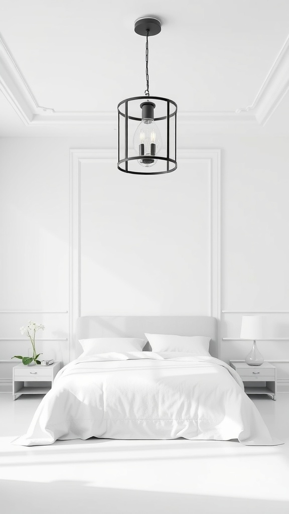 A minimalistic white bedroom featuring a stylish pendant light fixture.