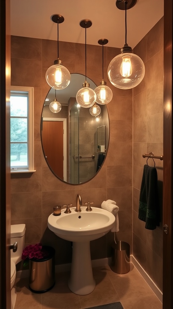 Modern guest bathroom with hanging statement lighting fixtures.