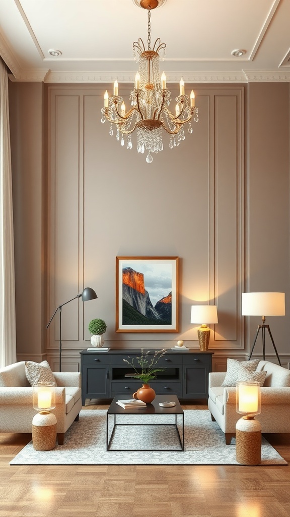 Elegant living room with a chandelier and stylish lighting fixtures