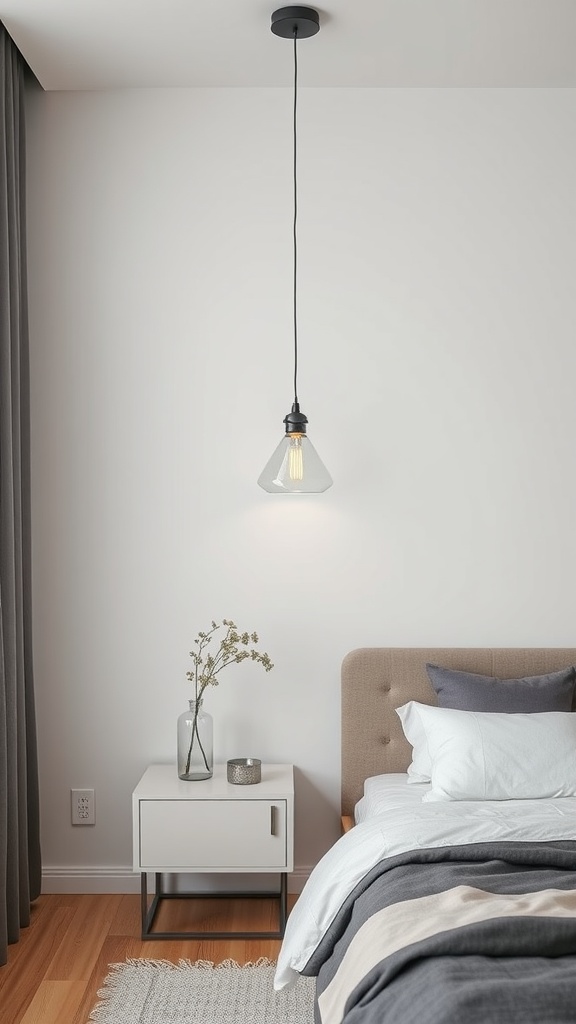 A modern bedroom featuring a pendant light above the bed, with a minimalist design and warm lighting.