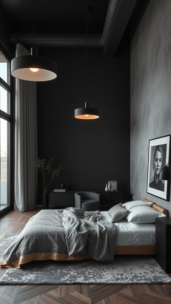 A modern gray and black bedroom featuring stylish pendant lighting fixtures.
